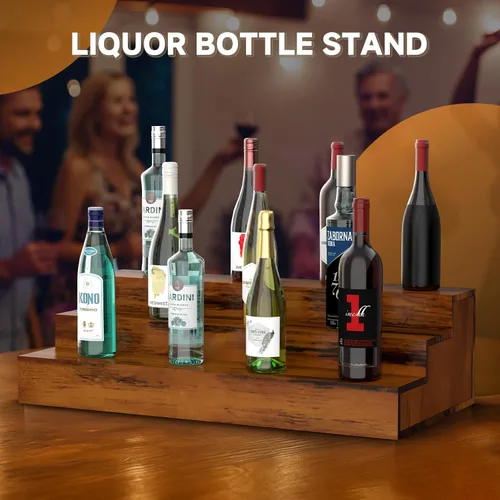 Vista 6 de Paquete de 2 soportes para botellas de licor, estante de exhibición de botellas de licor de 3 niveles, capacidad para 36 botellas, madera real