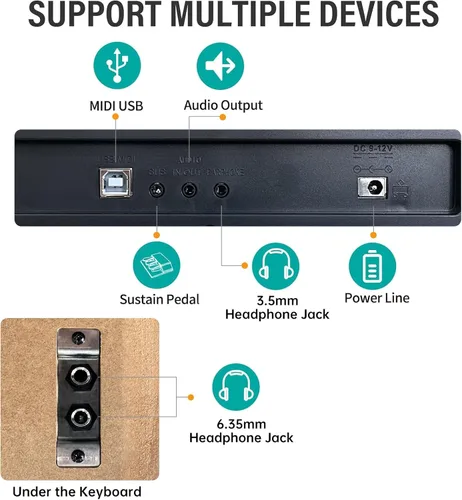 Vista 4 de Piano digital de acción ponderada de 88 teclas B83 + banco de piano de hierro AODSK UAP-10