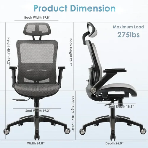 Vista 2 de Silla de oficina ergonómica de malla, silla de escritorio ejecutiva para computadora de respaldo alto con reposacabezas y reposabrazos abatibles 4D