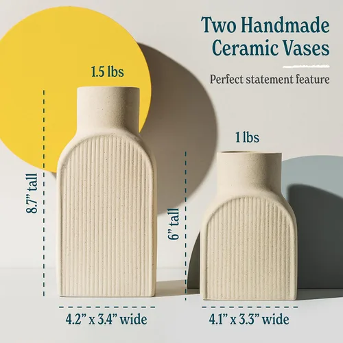 Vista 5 de Ceramic Ribbed Vases - 2 Piece Set, Small and Large Vase, Bottle Flower Planter Set. Scandi Style Home Decor. Neutral Cream Home Decor, Coastal