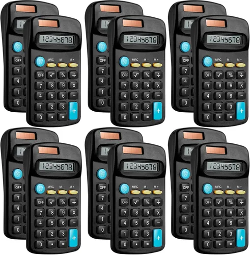 Vista 9 de Paquete de 12 mini calculadoras básicas de tamaño de bolsillo para estudiantes en ángulo de mano, pantalla de 8 dígitos, batería solar, calculadora