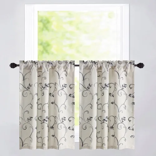 Vista 24 de VOGOL - Cenefa de cocina bordada con flores para ventanas, cenefa decorativa con filtro de luz para baño, cortinas con bolsillo para varilla corta