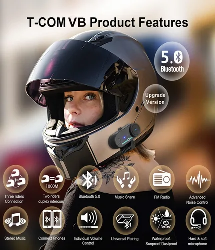 Vista 2 de TCOM VB - Casco de motocicleta con Bluetooth para uso compartido de música, sistemas de comunicación de intercomunicación universales de 800 M