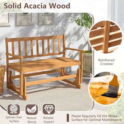 Vista 5 de Tangkula Banco planeador de madera de acacia para 2 personas, resistente 800 libras, sofá biplaza mecedora para patio con asiento y respaldo