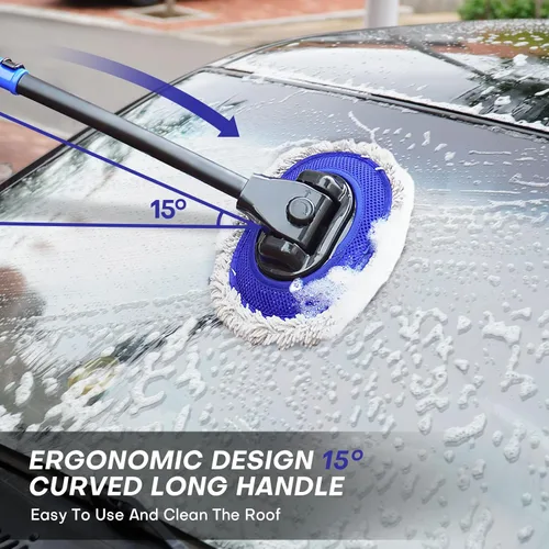 Vista 2 de Cepillo de lavado de autos con mango largo Diseño de poste curvado de 15 grados Cabezal de cepillo de microfibra Longitud ajustable Amplias