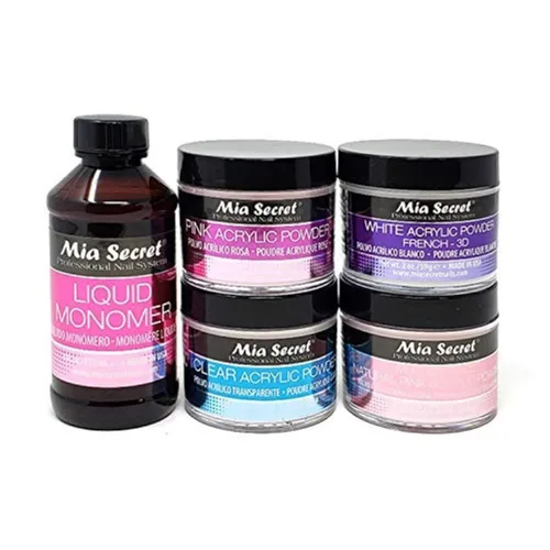 MIA SECRET Juego de monómero líquido de 4 onzas + polvos acrílicos - Rosa 2 onzas, transparente 2 onzas, blanco 3D 2 onzas y rosa Multibalance 2 oz