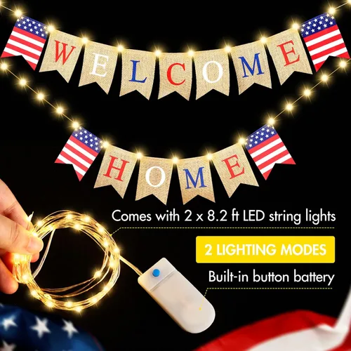Vista 8 de Mudder Cartel de bienvenida a casa con decoración LED, cadena de luces de hadas, 2 modos de parpadeo, pancarta patriótica con purpurina