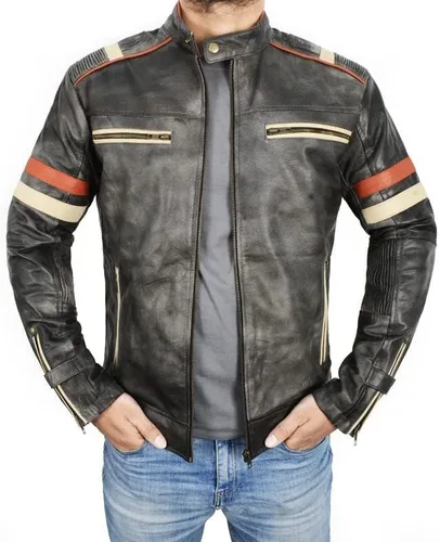 Vista 6 de Prime-Fashion Mens Vintage Motorcycle Distressed Retro Biker Leather Jacket