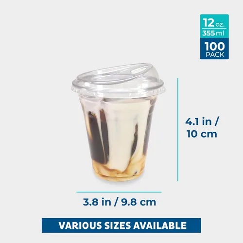 Vista 3 de Freshware Vasos de plástico transparente con tapas para sorbos sin popote [100 tazas – 12 onzas] Vaso desechable para café helado, batido, bebidas