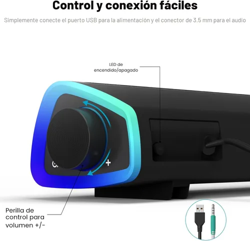 Vista 5 de SOULION Altavoces de computadora R30, altavoz de PC alimentado por USB, luces LED coloridas con botón de interruptor, barra de sonido envolvente Gris