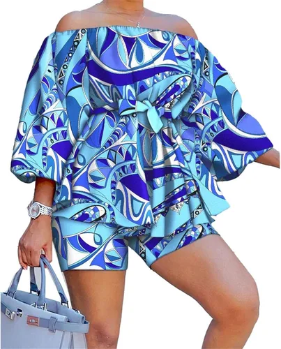 Conjunto de pantalones cortos para mujer, talla grande, teñido anudado, cuello en V, manga corta, estampado floral + pantalones cortos, trajes de 2