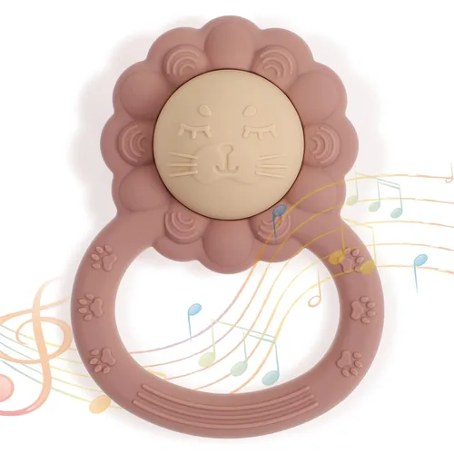 Sonajero mordedor, juguete sensorial Montessori con forma de león, silicona de grado alimenticio, sin BPA, esenciales para recién nacidos (arena y