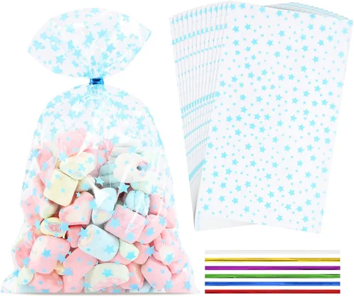 Vista 20 de 100 bolsas de celofán, bolsas de celofán transparente impresas con estrellas doradas de 3 x 5 pulgadas, 100 lazos giratorios, para envolver regalos