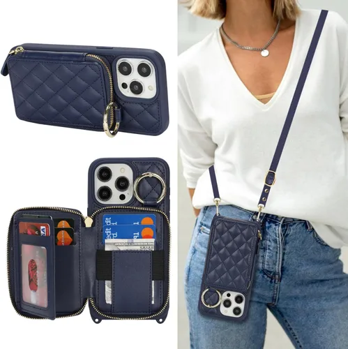 Vista 28 de Funda tipo cartera con bandolera para iPhone 15 Pro Max, funda de piel sintética con cierre de cremallera, funda tipo atril con ranuras para Oro Rosa
