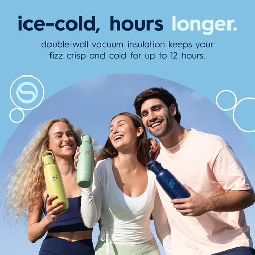 Vista 3 de sodastream Fizz & Go Cool, Botella de agua carbonatada de acero inoxidable de 0.9 L, botella de metal aislada para agua con gas, compatible