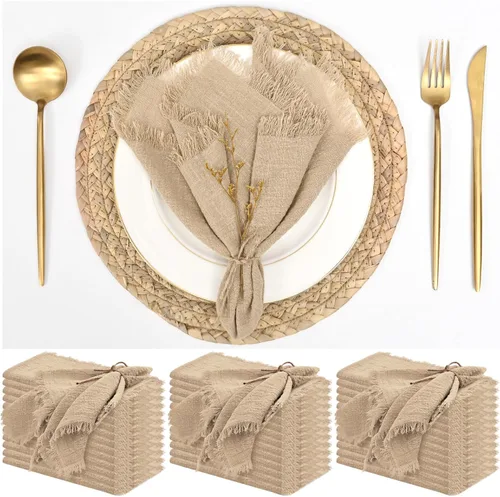Vista 10 de Paquete de 12 servilletas de lino y algodón beige de 16 x 16 pulgadas, hechas a mano con flecos, servilletas de tela suave, lavables y rústicas