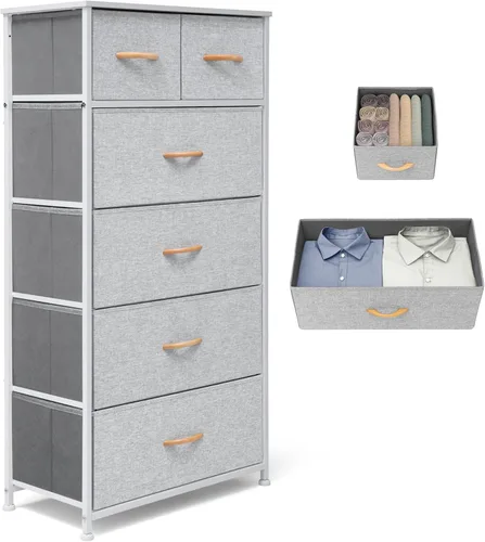 Vista 11 de Cómoda de tela para dormitorio, cómoda alta y delgada con 6 cajones, torre organizadora de almacenamiento, estructura de acero con parte superior