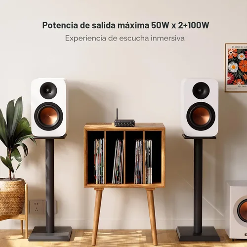 Vista 4 de Fosi Audio BT30D Bluetooth 5.0 Amplificador de receptor de audio estéreo de 2.1 canales, mini Hi-Fi Clase D, amplificador integrado de 50 vatios