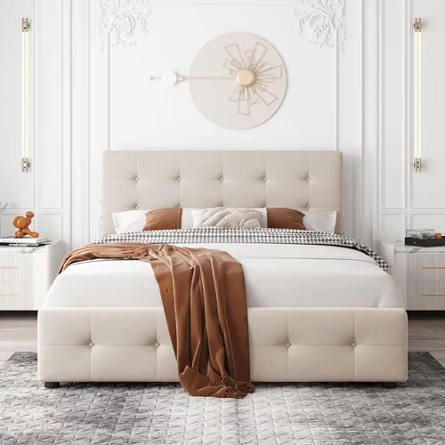 Vista 3 de P PURLOVE Cama de plataforma tapizada con 4 cajones, tamaño Queen, plataforma de almacenamiento con cabecero, no necesita somier, marco de cama beige