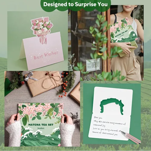 Vista 3 de Juego de té Matcha de 7 piezas con tarjeta de regalo, batidor de bambú de 120 puntas, cuenco de cerámica con boquilla, soporte para batidor