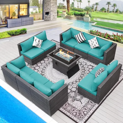 Vista 30 de BULEXYARD Juego de muebles de exterior de respaldo alto de 7 piezas con hoguera, juego de sofá de patio de mimbre duradero para todo tipo de clima