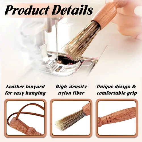 Vista 2 de Savina Cepillo de limpieza para máquinas de coser y sergers - Herramienta de coser, cepillo de pelusa de madera con una correa para colgar