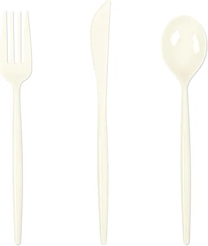 Supernal 180 cubiertos de plástico resistentes color marfil, cubiertos desechables de color beige para fiestas, incluye 60 tenedores, 60 tejidos, 60