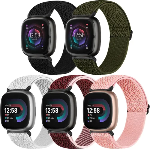 Vista 17 de Bcuckood Compatible con Fitbit Versa 4/Versa 3/Sense 2/Sense Band para mujeres y hombres, paquete de 5 correas de nailon elástico suave ajustable