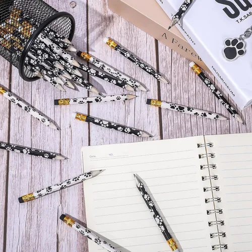 Vista 4 de Whaline 48 lápices cortos de pata de perro con borradores, lápiz de escritura de huellas blancas y negras, bonitos lápices de madera para premio