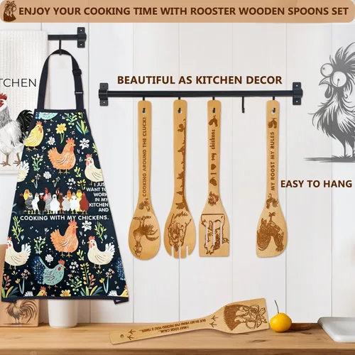 Vista 5 de 8 piezas de cuchara de cocina de bambú con forma de pollo con delantal y guantes de horno, utensilio de cocina con temática de gallo para mujeres