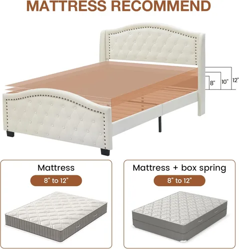 Vista 7 de Base de cama de plataforma tapizada tamaño Queen con cabecero alto de 47.2 pulgadas, cama Queen con botones de terciopelo y cabecera con alas