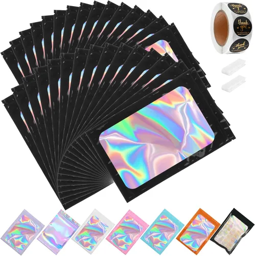 Paquete de 150 bolsas holográficas pequeñas de Mylar de 4 x 6 pulgadas con ventana transparente, bolsas resellables para almacenamiento de Negro