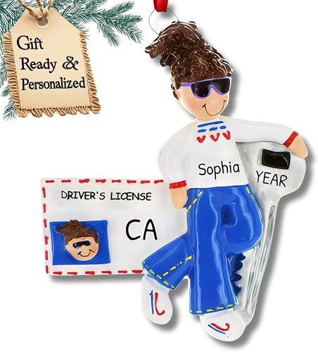 Adorno personalizado para árbol de Navidad de niña con licencia de conducir 2024 - Personalización gratuita Licencia de conducir morena