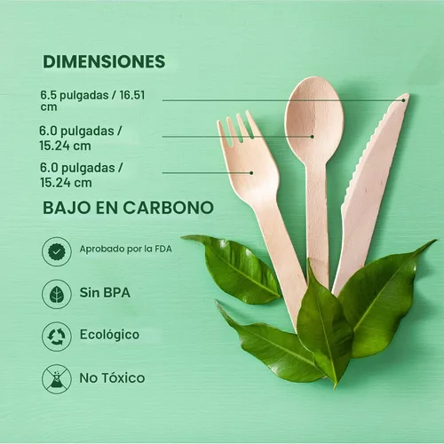 Vista 5 de Juego de cubiertos 100% compostables – 300 piezas de utensilios de madera compostables [120 tenedores, 90 cuchillos, 90 cucharas] – Cubiertos