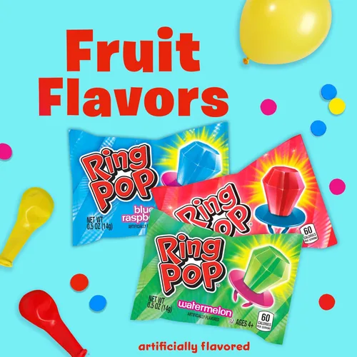 Vista 4 de Ring Pop - Paquete variado de piruletas individuales envueltas para el regreso a clases a granel – 20 piruletas con sabores surtidos – Dulces