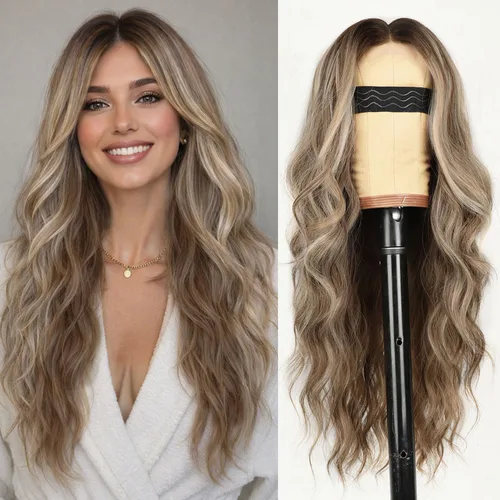 AISI HAIR Peluca balayage rubio ceniza para mujer, línea de cabello largo ondulado de encaje con raya en medio, peluca sintética resistente al calor