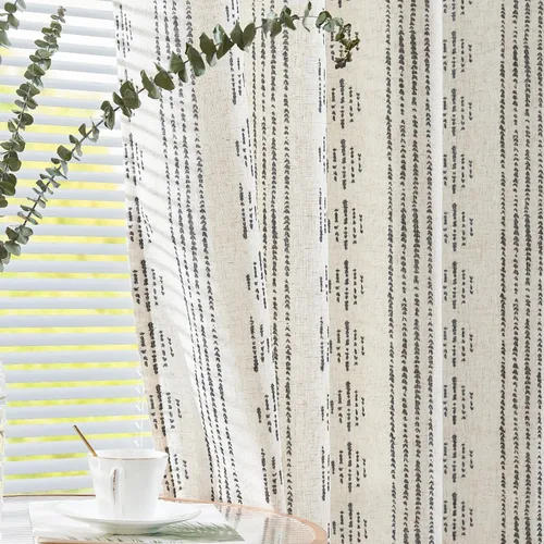 Vista 19 de Vangao Cortinas de lino a rayas para sala de estar, dormitorio, casa rural con estampado de rayas de tictac, cortinas impresas con ojales