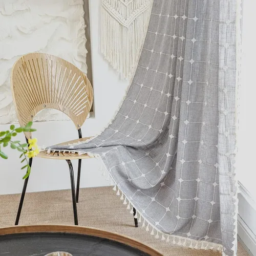 Vista 11 de Deeprove Cortina bohemia de 63 pulgadas de largo para dormitorio, sala de estar, lino de algodón con peso, bordado de rayas gris pardo, semiopacas