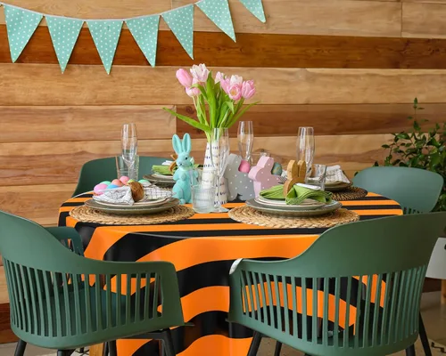 Vista 6 de Tatuo 6 Pcs Black and Orange Round Circus Table Cloth 84 Inch Carnival Circus Tablecloths Striped Disposable Plastic Table Cover for Birthday Party