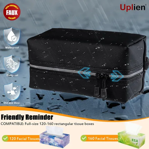 Vista 2 de Car Tissue Holder for 120-160-230 Count Kleenex Facial Tissues Box - Waterproof Zipper Cover, Soft Black Leather with Adjustable Strap, Ideal for