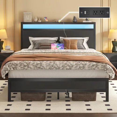 Vista 10 de Fluest Base de cama individual con cabecero y estribo, marco de cama individual con estación de carga y luz LED, almacenamiento debajo de la cama