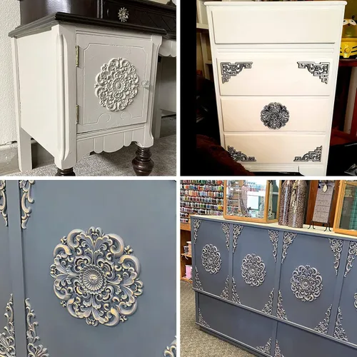 Vista 6 de MUXSAM Apliques tallados en madera, roseta redonda tallada en madera, calcomanías centrales para armario, puerta, armario, cajón, pared, techo