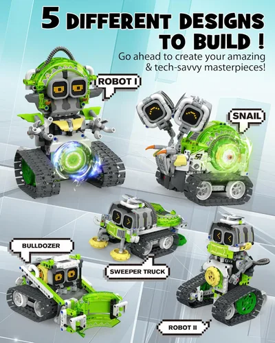 Vista 2 de Opmind Juego de construcción de juguetes de robot STEM AI 5 en 1, 478 piezas de bloques erectores de ingeniería con aplicación y control remoto