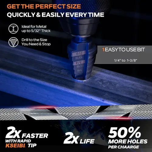 Vista 3 de KSEIBI 575035 HSS Broca Escalonada 1/8-1/2 Pulgada, Vástago Plano de 3 Caras Óxido Negro para Metal, Madera, Plástico - 13 Pasos Perforación