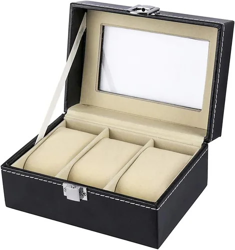 HOUSWEETY Watch Box Small 3 Slot Mens Black Leather Display Glass Top Jewelry Case Organizer Watch Storage Case Jewelry Box