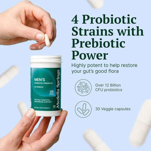 Vista 2 de Probiótico + prebiótico para hombre – 4 cepas probióticas con poder prebiótico – Probióticos para hombres con 12 mil millones de UFC – Suplemento