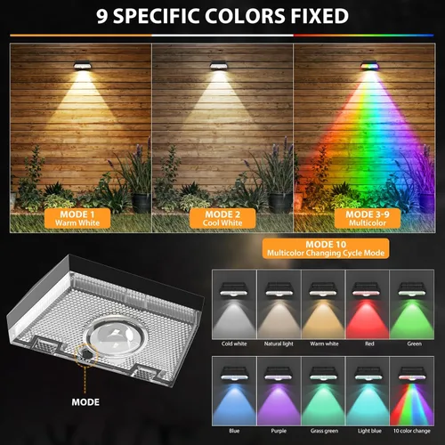 Vista 2 de Luces solares para vallas, 9 modos de iluminación y modo de cambio de color IP65 impermeable al aire libre, luces solares de cubierta