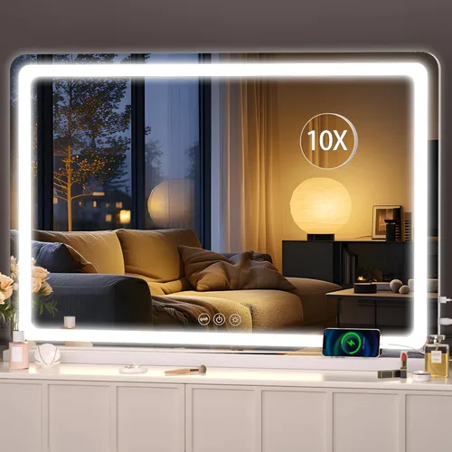 Vista 24 de Hasipu Espejo de tocador con luces, espejo LED de maquillaje de 31.5 x 22 pulgadas, espejo de maquillaje iluminado con 3 modos regulables, espejo