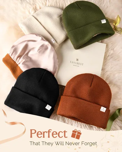 Vista 6 de YANIBEST - Gorro de punto con forro de satén para mujer, gorro de invierno acrílico para mujeres y hombres, gorro con forro de seda, suave, holgado