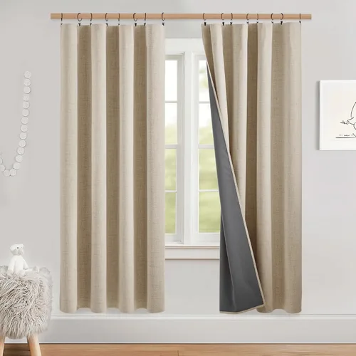 Vista 28 de NICETOWN Cortinas de lino 100% opacas para sala de estar con forro blanco aislado térmico, 52 pulgadas de ancho, 2 paneles, cortinas de 84 pulgadas